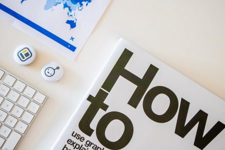 Stylish desk setup with a how-to book, keyboard, and world map on paper.